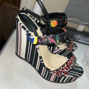 Dior Black and Pink Floral & Sequin Wedge Sandals